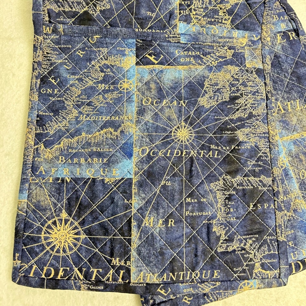 Dark Academia Vintage Inspired OS Blue Gold Nautical Map Quilted Table Runner